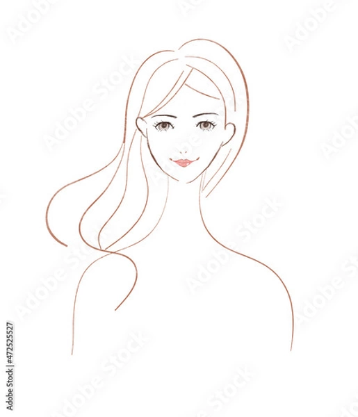 Fototapeta 水彩線画　はにかむロングヘアの女性