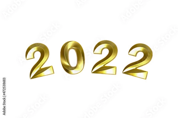 Fototapeta Happy New Year. Shiny golden numbers 2022 on a white background. Holidays concept. Flat lay, top view, copy space