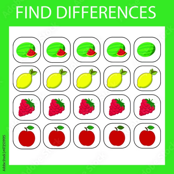 Fototapeta Developing activity for children - find the difference. Logic game for children. Find an extra watermeloms, lemons, raspberries, apples