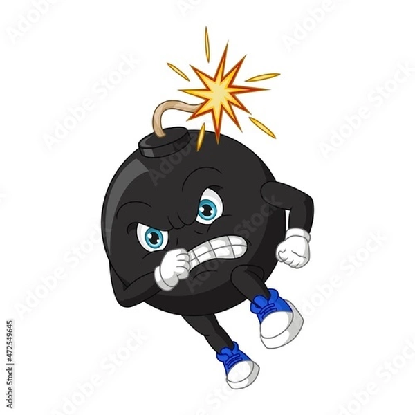 Obraz Cartoon angry bomb with burned wick