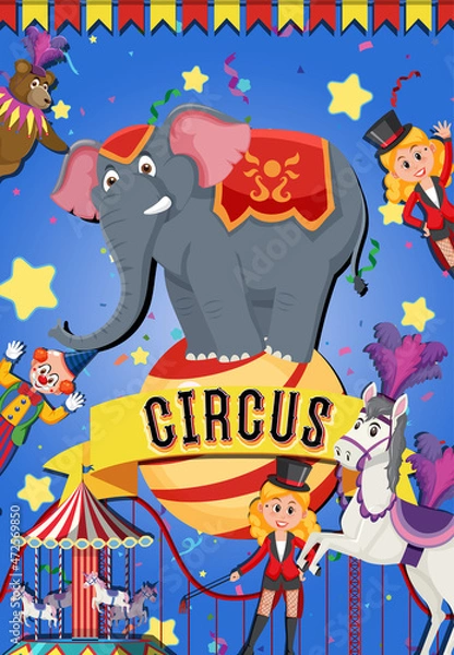 Fototapeta Circus banner design on with circus animal character