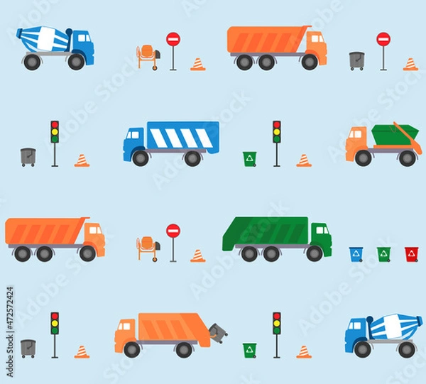 Fototapeta Seamless pattern with garbage truck, skip loader truck, concrete mixer truck, lorry truck, traffic light, trash can. Vector illustration.