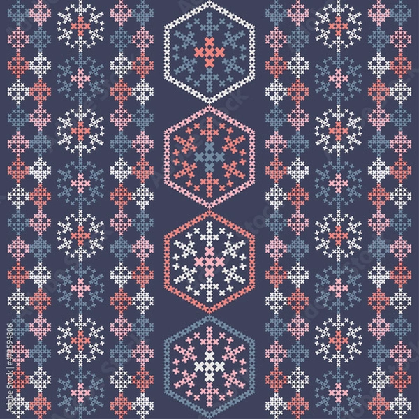 Fototapeta Christmas cross-stitch. Snowflakes. Seamless pattern. Holiday fabric. Vector illustration for web design or print.