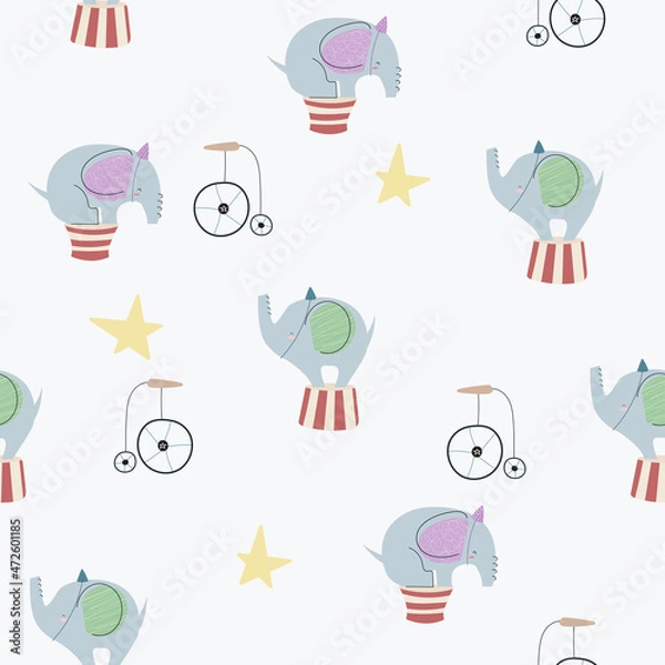 Fototapeta Seamless pattern with cute cartoon elephant. Vector background.