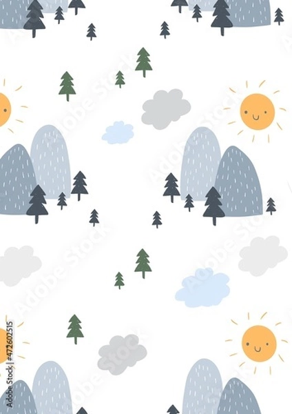 Fototapeta Cute Simple Illustration and Seamless Pattern with Blue Moutain, Smiling Sun and Cloudy Sky. Abstract Infantile Style Mountain and Hand Drawn Trees on a White Background. Kids Room Decoration.
