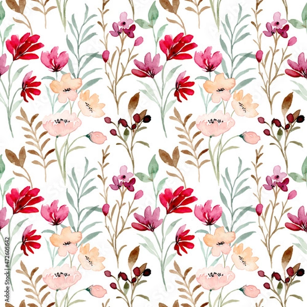 Fototapeta Seamless pattern of red wildflower with watercolor