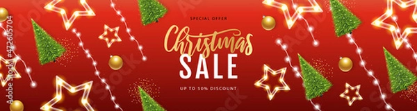 Obraz Christmas big sale poster with christmas tree and string of lights. Christmas holiday background. Vector illustration