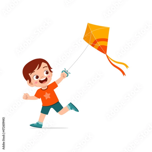 Obraz cute little boy play kite outside and feel happy