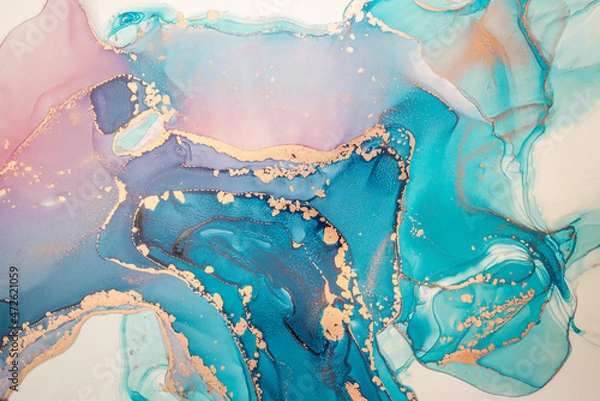 Fototapeta Abstract fluid art painting background in alcohol ink technique, mixture of magenta, purple and blue paints. Transparent overlayers of ink create glowing golden veins and gradients.