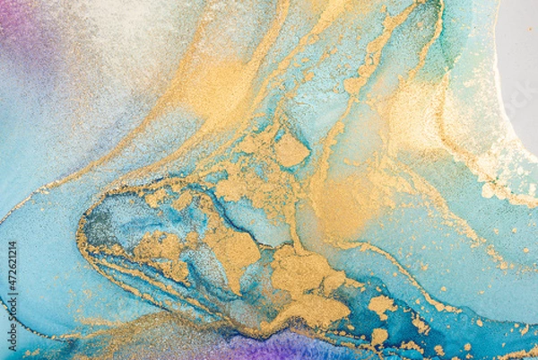 Obraz Luxury abstract fluid art painting in alcohol ink technique, mixture of blue and purple paints. Imitation of marble stone cut, glowing golden veins. Tender and dreamy design.