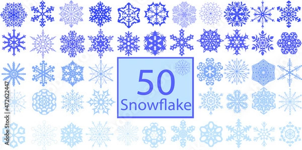 Fototapeta A huge big set of different 50 (fifty) vector unusual beautiful snowflakes. Winter flat vector decorations elements. 