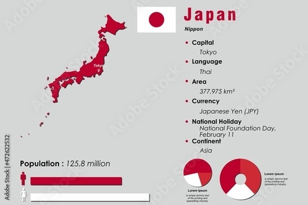 Fototapeta Japan infographic vector illustration complemented with accurate statistical data. Japan country information map board and Japan flat flag