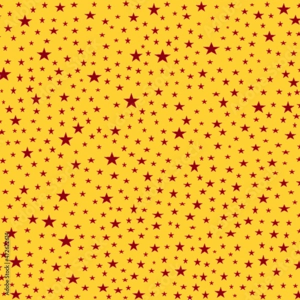Fototapeta Bright yellow background and red maroon stars of different sizes. Festive pattern. Wrapping or gift paper design.