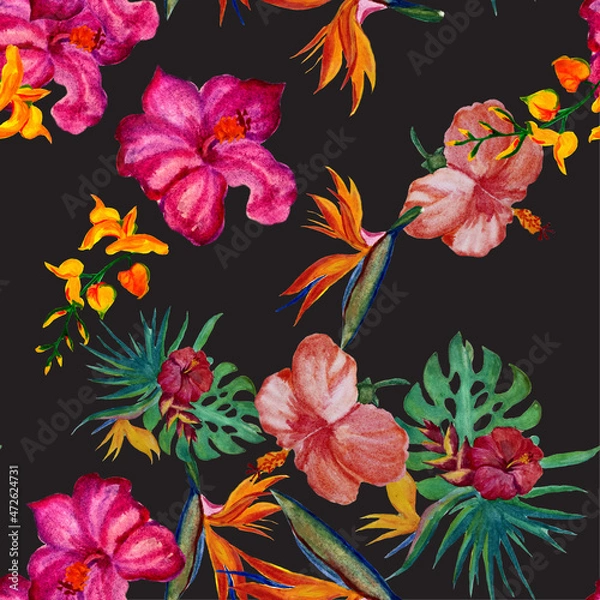 Fototapeta Yellow Seamless Backdrop. Orange Hibiscus Background. Red Watercolor Plant. Colorful Tropical Illustration. Green Pattern Decor. Floral Wallpaper. Botanical Leaves.