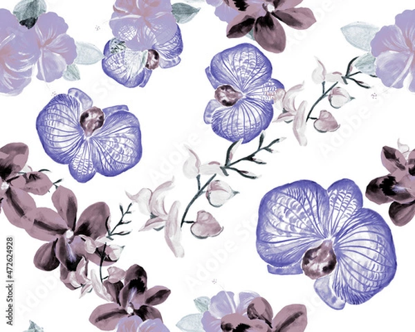 Fototapeta Navy Botanical Garden. Azure Orchid Decor. Indigo Hibiscus Jungle. Flower Garden. Watercolor Set. Seamless Leaves. Pattern Texture. Tropical Palm.
