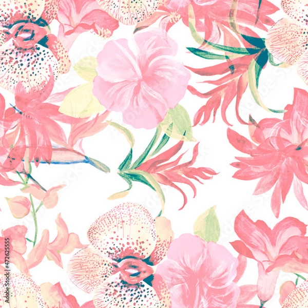 Fototapeta Pink Flower Garden. Red Summer Foliage. Pastel Seamless Palm. Watercolor Set. Pattern Leaves. Floral Jungle. Exotic Leaf. Botanical Palm.