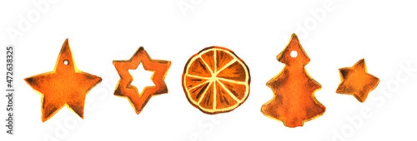 Fototapeta A set of DIY orange peel Scandinavian Christmas decorations. Watercolor illustration.