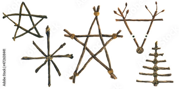 Fototapeta A set of DIY twigs Scandinavian Christmas decorations. Watercolor illustration.