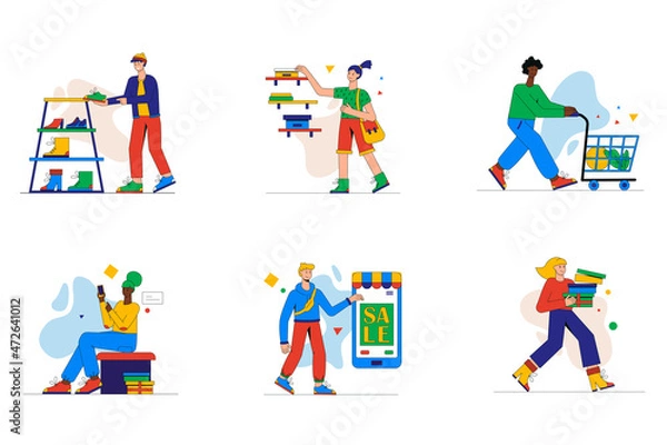 Fototapeta Shopping time set of mini concept or icons. People choose shoes and goods in store or supermarket, making purchases online, buy at sale, modern person scene. Vector illustration in flat design for web