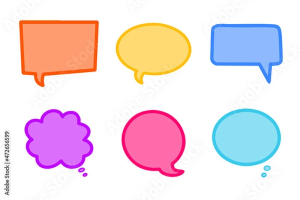 Obraz Speech bubbles hand drawn icon collection. Simple bright rainbow colored transparent dialog boxes with outline in cartoon childish style isolated vector set