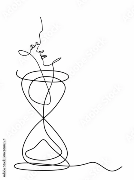 Fototapeta a continuous drawing of a single line of a man embracing a woman over an hourglass.  The concept of love and time