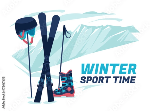 Fototapeta Ski equipment, Alps, snow, mountains panoramic background, flat vector illustration. Ski resort season is open. Winter web banner design. Ski, ski poles, helmet, ski boots standing in snow.