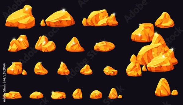 Obraz Vector illustration of gold nuggets, set of golden stones isolated on dark background, shiny gold in nature, large medium and small size