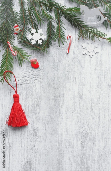 Fototapeta Caramel, fir branches, toys on a white photo background.