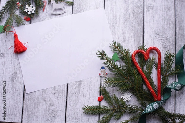 Fototapeta Caramel, fir branches, toys on a white photo background.