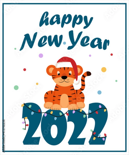 Fototapeta Happy New Year greeting card in cartoon style with cute little christmas tiger in santa hat and garland.