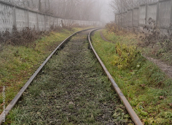 Fototapeta An old railway to a semi-abandoned closed facility in the autumn in the fog.