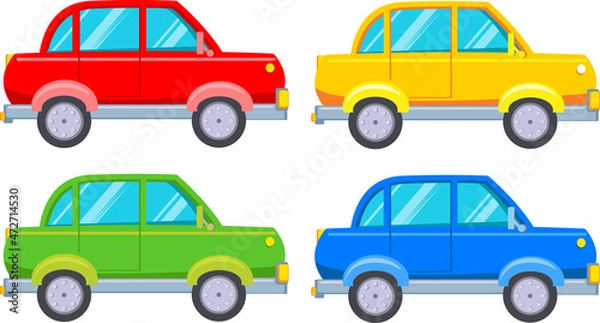 Fototapeta Set of multi-colored cars. Passenger car, transport collection. Vector illustration in cartoon children's style. Isolated funny clipart on a white background.