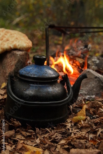 Obraz campfire in the forest teapot and bread