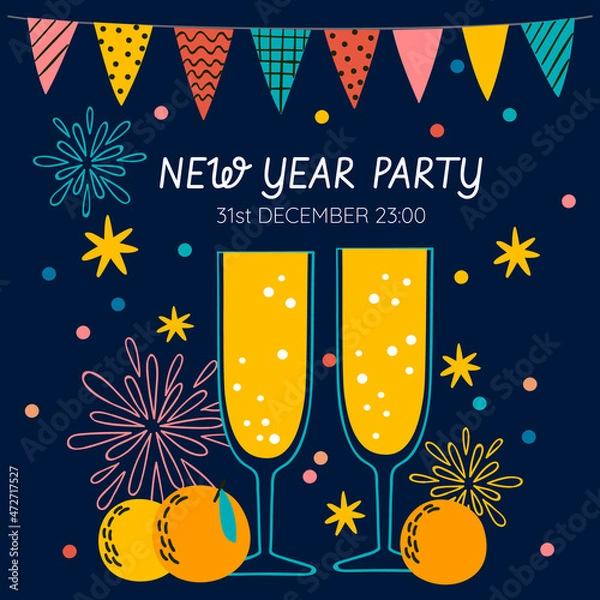 Obraz New year party invitation template in hand drawn flat style.