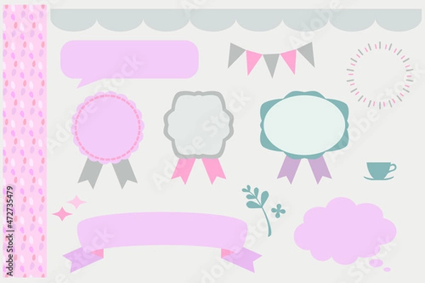 Fototapeta シンプルかわいいピンクグリーングレー系のリボンフレームイラストセット