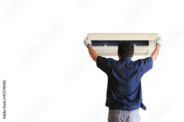 Obraz air conditioner mechanic working air cleaning service at home isolate