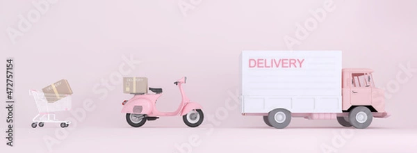 Fototapeta 3D Online express delivery service concept, fast response delivery by scooter, courier Pickup, Delivery, Online Shipping Services. 3d Rendering. 