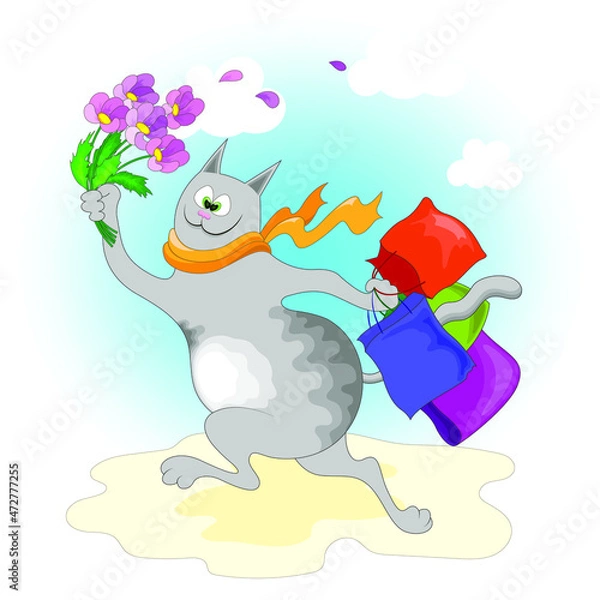 Fototapeta Cheerful gray cat with packages and a bouquet of flowers is in a hurry to the holiday