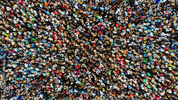 Obraz Big crowd of people. People gathered together in one place. Top view from drone.