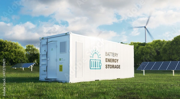 Fototapeta concept of a modern high-capacity battery energy storage system in a container located in the middle of a lush meadow with a forest in the background. 3d rendering