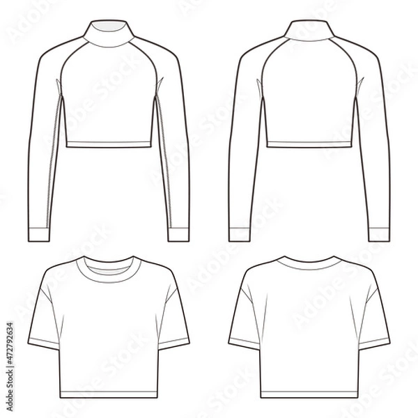 Obraz Cropped turtleneck & round neckline top fashion vector sketch, Apparel template