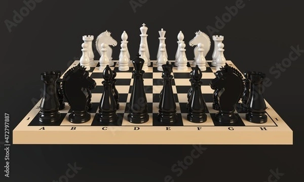 Fototapeta Chess Pieces on a Chess Board on a dark background. 3d rendering