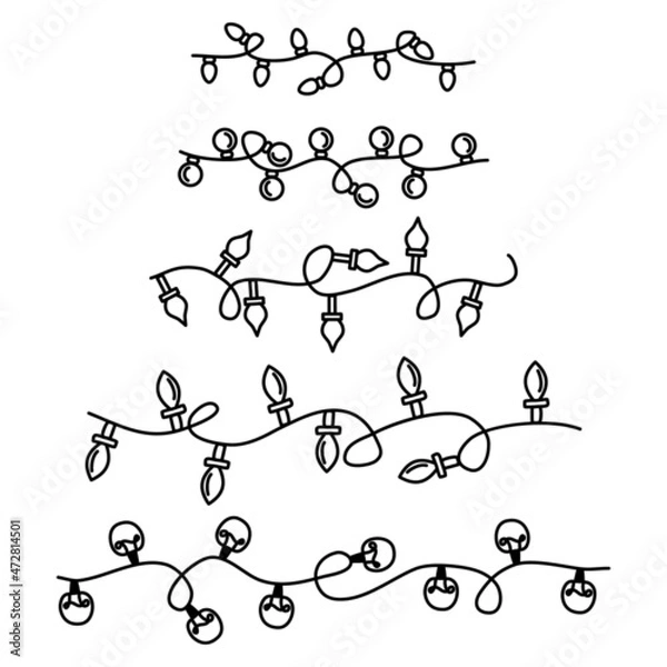 Obraz Garland with bulbs in a row. Set of Christmas garlands with lights of different shapes. Lightbulbs hand drawn style. Black outline drawing. Vector doodle illustration. Xmas design element Lamp thread