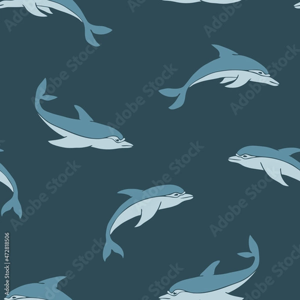 Fototapeta Seamless vector pattern with dolphins on grey background. Simple tropical fish wallpaper design. Decorative sea life fashion textile.