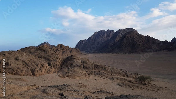 Fototapeta image of the desert and mountains on the Sinai Peninsula at sunset. The Sinai Desert is an attraction accessible to vacationers of all resort areas of Charm.excursion in Egypt.