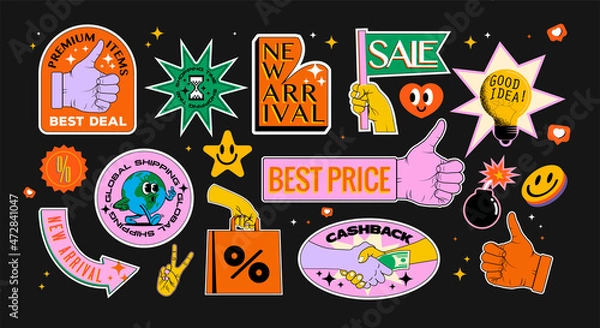Fototapeta Retro vintage styled shopping stickers or icons collection isolated on black background. Vector illustration