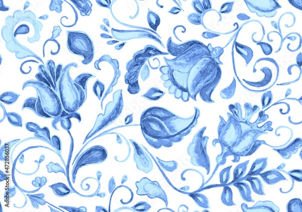 Fototapeta Paisley watercolor floral pattern tile: flowers, flores, tulips, leaves. Oriental indian traditional hand painted water color whimsical seamless print, ceramic design. Abstract india batik background