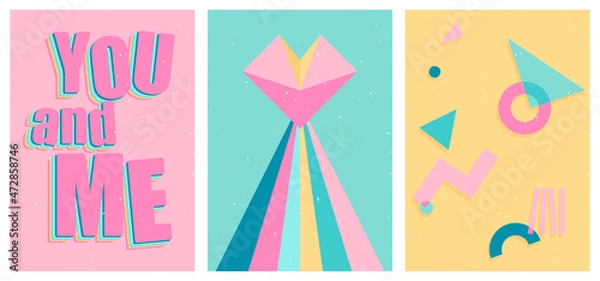 Fototapeta A set of three bright aesthetic posters. Minimalistic posters with positive phrases for social media, cover design, web. Vintage illustrations with rainbow, sun, geometric shapes, dots, lines.