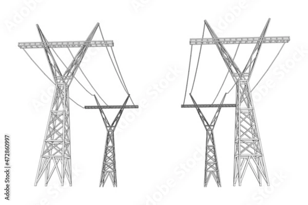 Fototapeta Power transmission tower high voltage pylon. Wireframe low poly mesh vector illustration