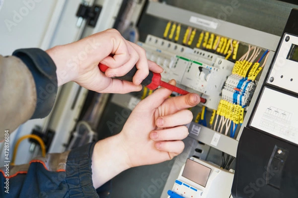 Fototapeta Electrician work. Installing equipment in switchbox. current breaker installation